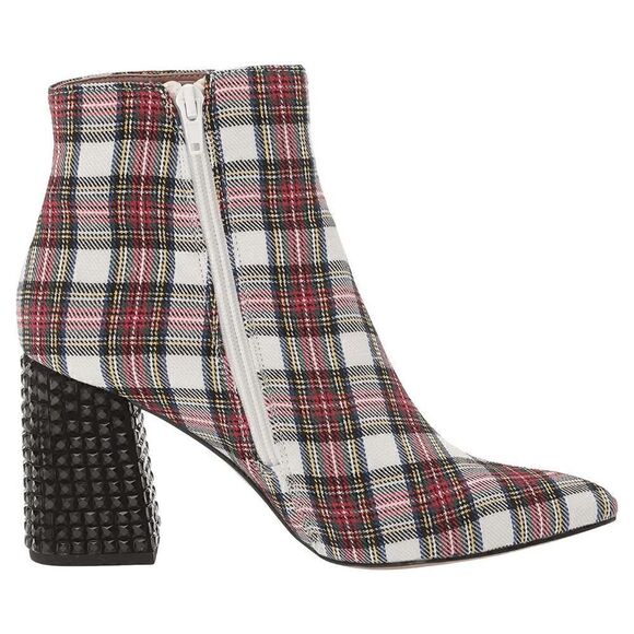 Betsey Johnson Kassie Black White Red Plaid Beaded Heel Dress Bootie Size 5 - Picture 4 of 7